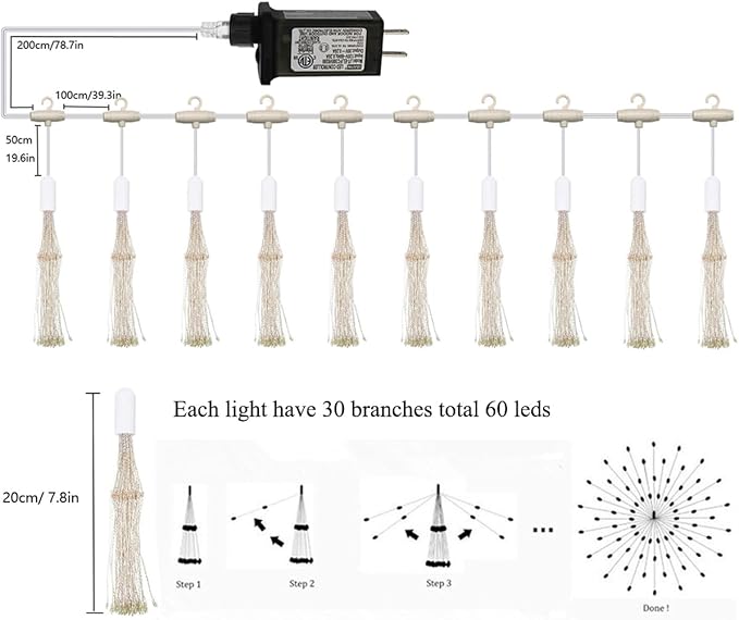 10 Pcs Total 600 LED Firework Copper Wire Lights, Fairy Twinkle Lights Plug in String Lights 8 Modes Waterproof Starburst Lights for Christmas, Birthday, Bedroom, Corridor Patio, Wedding