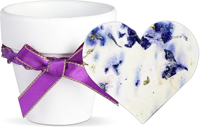 Set of 6 Seed Paper – 6 Purple Hearts & 6 White Pots with Bow for Weddings & Life Events