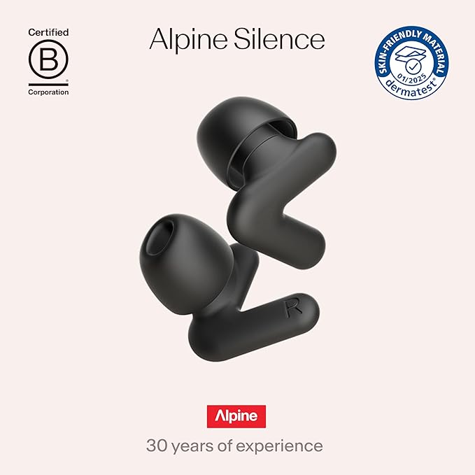 Alpine Silence Earplugs for Sleep, Focus & Travel - V-Shape Snug Fit & Soft Oval Tips – 4 Sizes XS/S/M/L - Comfortable, Reusable Hearing Protection - 22dB – Black