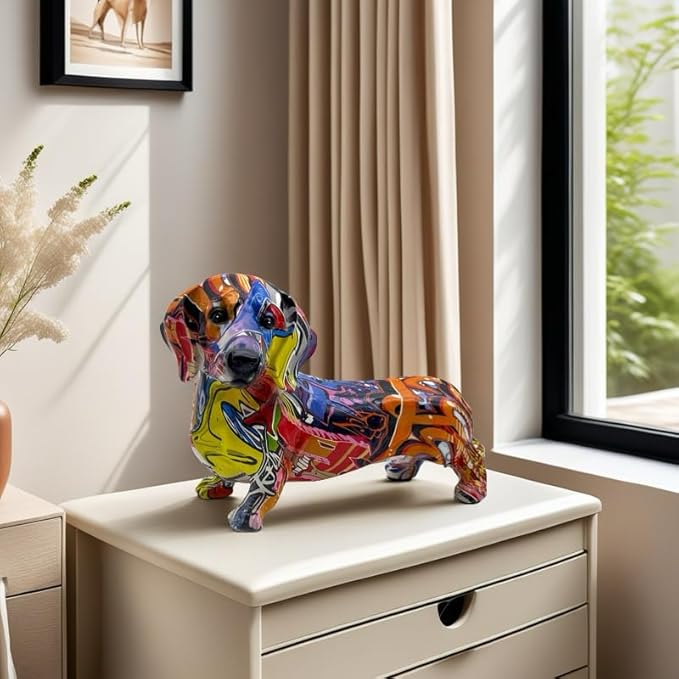 FUNSXBUG Colorful Dachshund Dog Statue Art Figurines Sculpture Collectibles Home Office Desktop Decor Outdoor Garden Display Decoration (Dachshund Dog 1)
