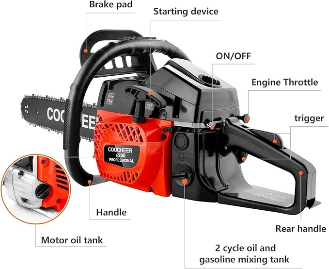 COOCHEER 62CC Gas Chainsaw, 20” 2-Stroke Portable Top Handle Woodcutting Saw with 2 Chain and Tool Kit, Chain saw Gas power for Tree Stumps, Tree Felling(Upgraded)