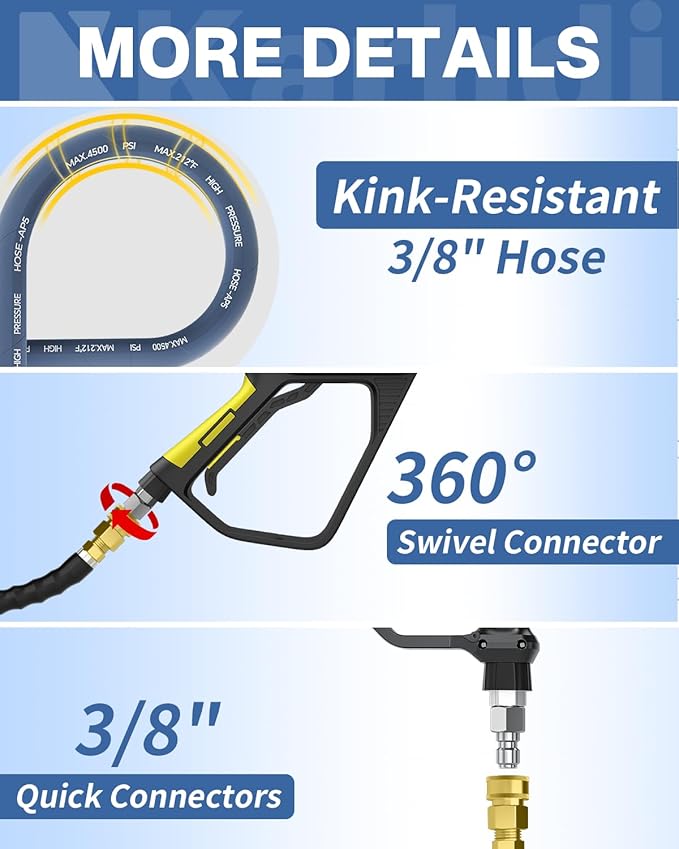 Pressure Washer Hose 200FT 3/8" for Cold and Hot Water 212°F, with Swivel Quick Connect, 4500PSI Kink Resistant Grade Steel Wire Braided, Power Washer Hose With 2pcs M22-14mm Adapter