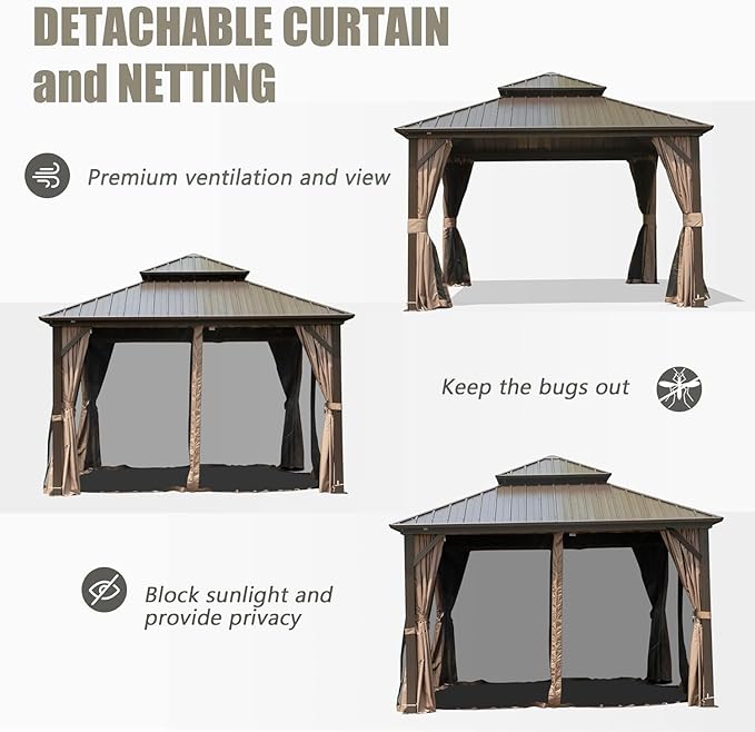 Domi 8'x10' Hardtop Gazebo Canopy Metal,Outdoor Metal Gazebo with Galvanized Steel Double Roof,Curtain and Netting,Permanent Gazebos Pavilion for Patio Deck,Backyard