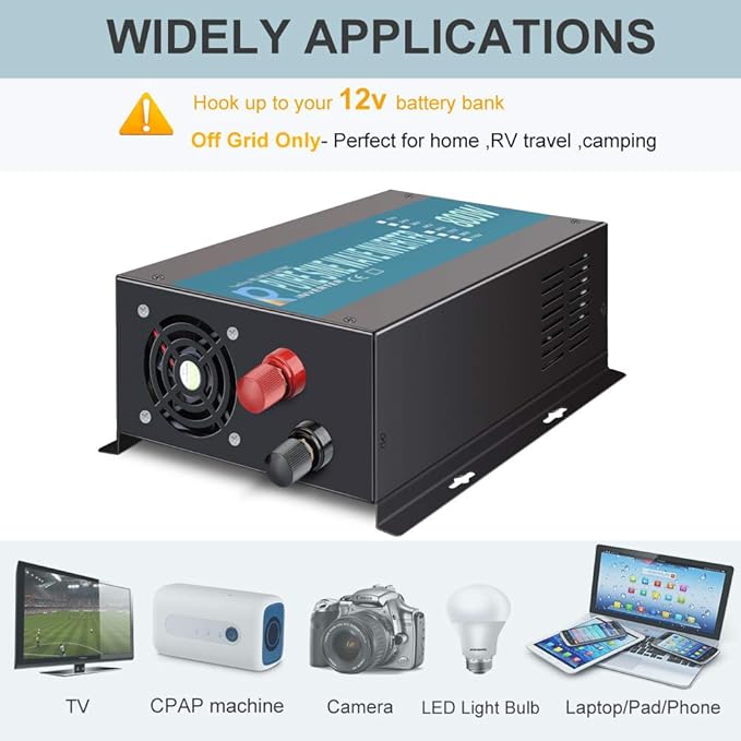 WZRELB Pure Sine Wave Inverter 600Watt 12V DC to 120V AC Power Converter 1200W Surge