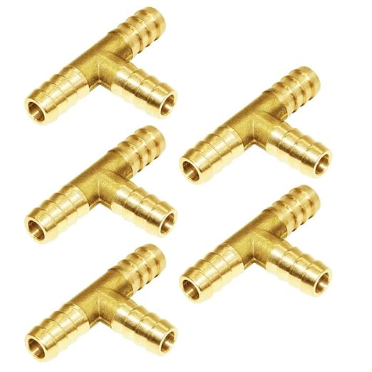 Joywayus Brass 1/4" Barb Tee Fittings T-Shaped 3 Ways Union 1/4" Hose Pipe Fitting for Water/Fuel/Air (Pack of 5)