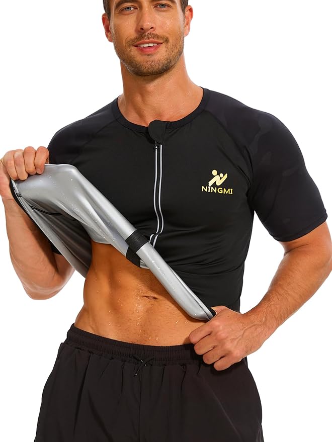 NINGMI Sauna Suit for Men Hot Sweat Suit Sauna Shirt Sweat Body Shaper Workout Neoprene Suit Zipper Short Sleeve