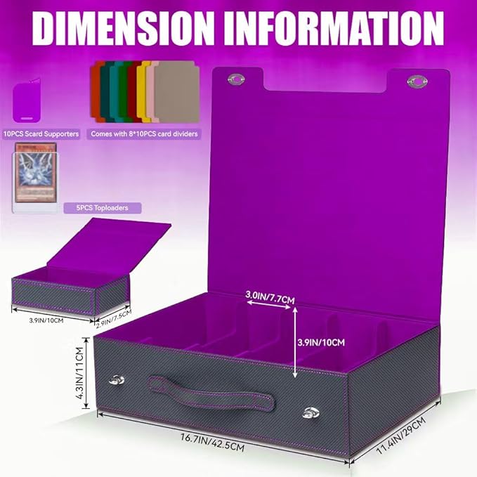 5-Row 3900+ Trading Card Storage Box for MTG, Card Deck Box with Snap-fit Design, 5 Card Sleeves, 10 Stoppers, 80 Dividers and 1 Dice Tray (Black-Purple)