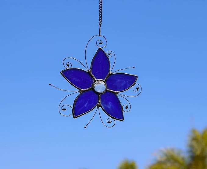 Forget-me-not Stained Glass Window Hangings, Forget Me Not Flower Suncatcher for Window,Stained Glass Flowers, Birthday Gifts for Women and Flower Lovers (Blue)