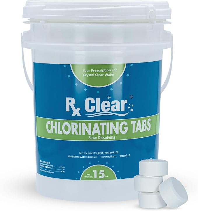 Rx Clear 1" Inch Chlorine Tabs | 15 Pounds | Use Tablets as Bactericide, Algaecide, & Disinfectant in Swimming Pools | Stabilized, Long Lasting, Slow Dissolving, & UV Protected