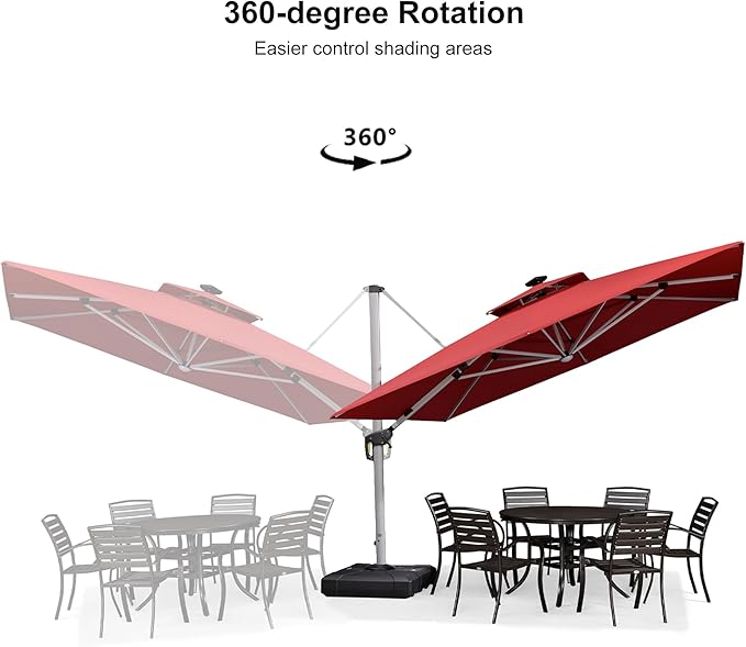 PURPLE LEAF 11 Feet Solar Powered LED Square Cantilever Umbrella With Base Patio Umbrellas Windproof Hanging Outdoor Umbrellas Offset Umbrella, Terra