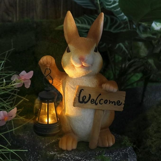 Solar Rabbit Garden Statue with Welcome Sign, Solar Rabbit Welcome Light Decor, Bunny Statues, Garden Decor for Patio Lawn Yard