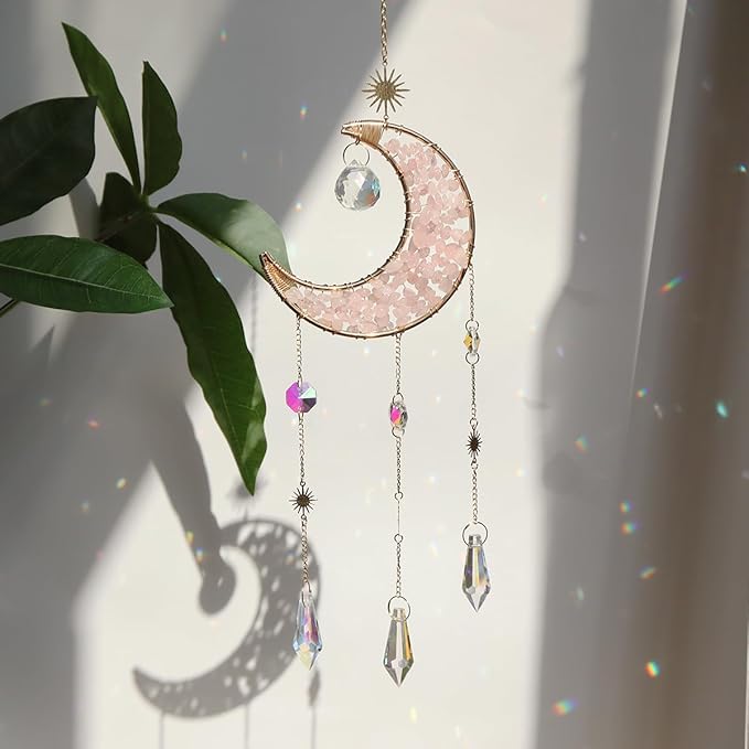 Moon Suncatcher Hanging Decor, Boho Chic Rose Quartz Crystal Sun Catcher, Spritual Sun Light Catcher for Windows, Crescent Moon Housewarming Gift (Rose Quartz)