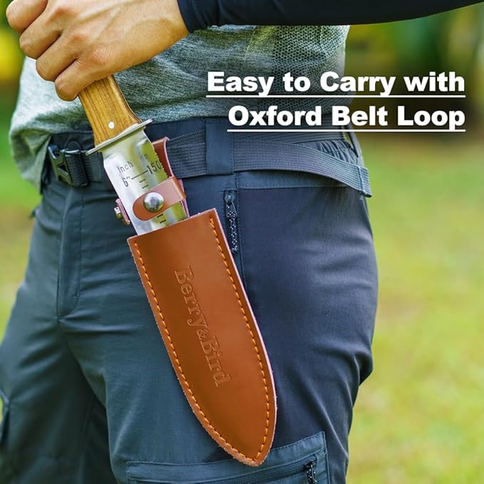 Berry&Bird Hori Hori Garden Knife with Leather Sheath, Premium Gardening Soil Knife with 6" Stainless Steel Double Edge Sharp Blade, Japanese Gardening Tool for Weeding, Digging, Cutting & Planting