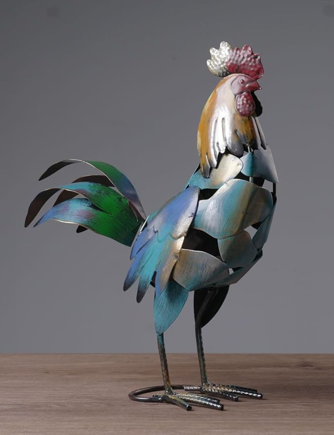 HAUCOZE Rooster Decor Statue Chicken Figurine Sculpture Animal Arts Metal 15.5 inch