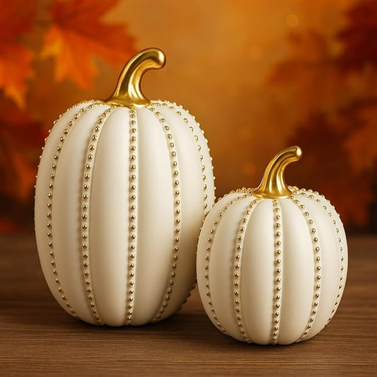 iStatue Set of 2 Decorative Pumpkins – Elegant Beaded Resin Fall Decorations, Thanksgiving Table Centerpiece, Autumn Home Decor, Glam Farmhouse Style (White)