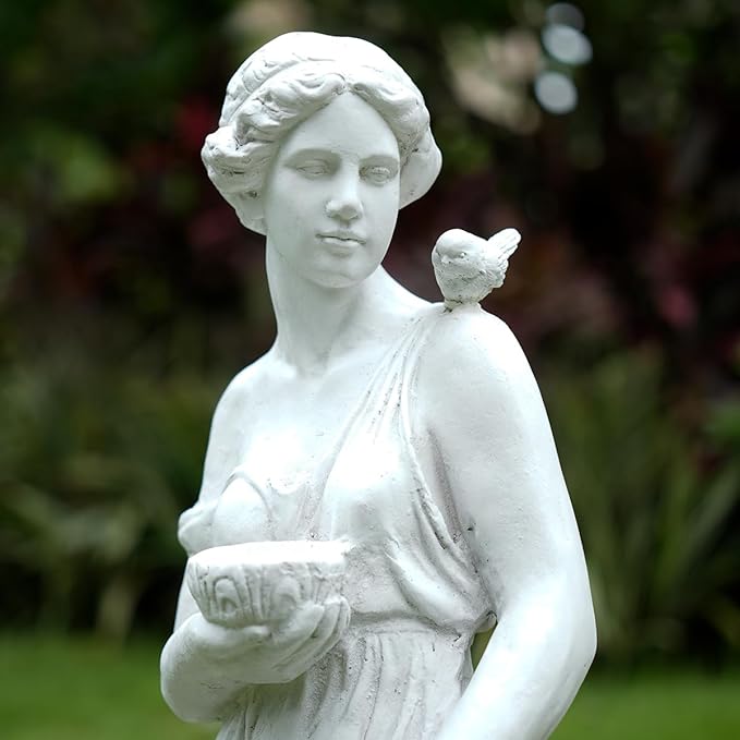 Outdoor Statue with Birdbath Bird Bath Bowl, Nymph Sculpture Goddess of Greek Mythology Roman Style for Patio Yard Lawn Porch Decor, Grey (Nymph)