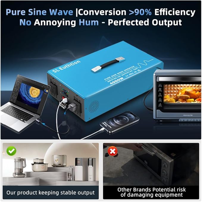 4000W Pure Sine Wave Power Inverter Voice Control AI Voice Assistant Support English 12V to 120V 60HZ with LCD Display, USB Port, for Car Home Laptop Truck