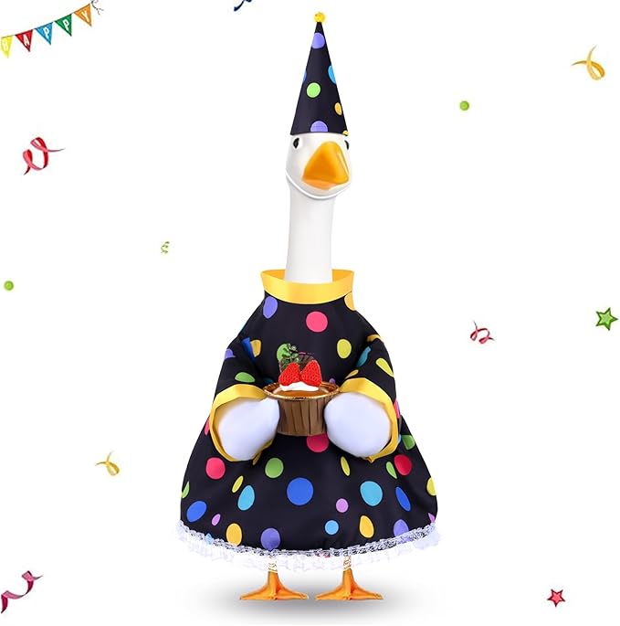 Happy Birthday Goose Outfit Porch Goose Outfits with Happy Birthday Cake Hat and Clothing for 23" Cement/Plastic Porch Goose Outdoor Statue Patio Yard Lawn Art