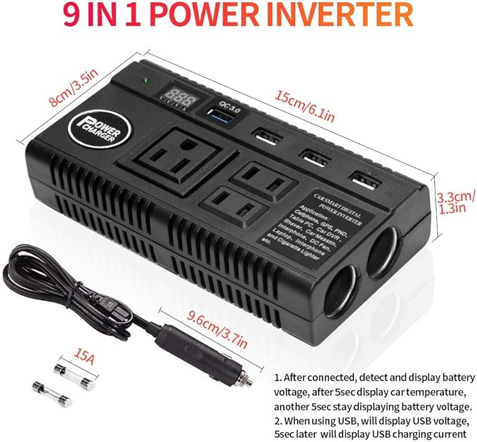 Car Power Inverter 120W 12V 24V DC to 110V AC 4 USB Ports Car Charger Adapter with 3 AC Outlets Dual Cigarette Lighter, Digital LED Display Quick Charging 3.0 for Phones Tablets PC Laptops (120W)