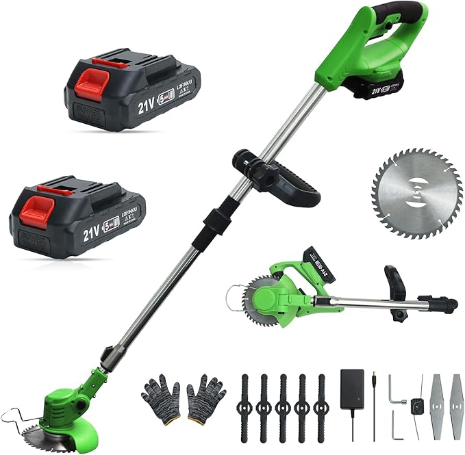 Cordless Weed Wacker with 2 Batteries, Lightweight Electric Grass Trimmer, Adjustable Weed Eater,Weed Erimmer Green
