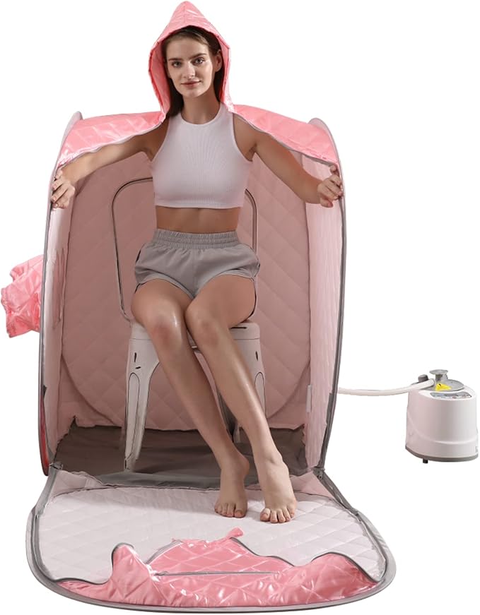 ZONEMEL Portable Steam Sauna Kit for 1 Person or 2 Person Full Body Home Sauna Spa, Leg Detox Relaxation, 2L Steam Pot, Remote Control (Pink, L 33.5”x W 32.3”x H 41.7”)