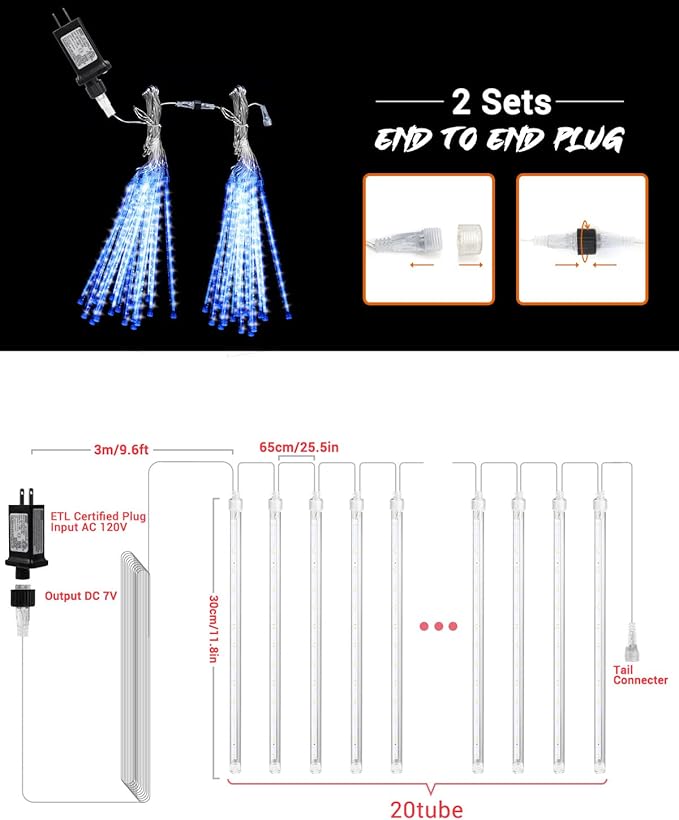 Blue 20 Tubes Meteor Shower Icicle Lights 480 LED Raindrop Lights with Timer Function Cascading Falling Rain Light for Holiday Party Christmas Decorations