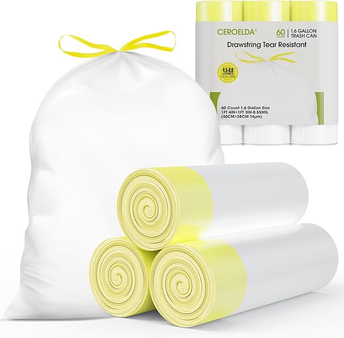 CEROELDA 1.6 Gallon Small Trash Bags, 60 Count Mini Drawstring Garbage Bags Unscented fit 4.5-8 Liter, 1.2-2 Gallon Thick Plastic Wastebasket Liners for Bathroom Bedroom Office Toilet
