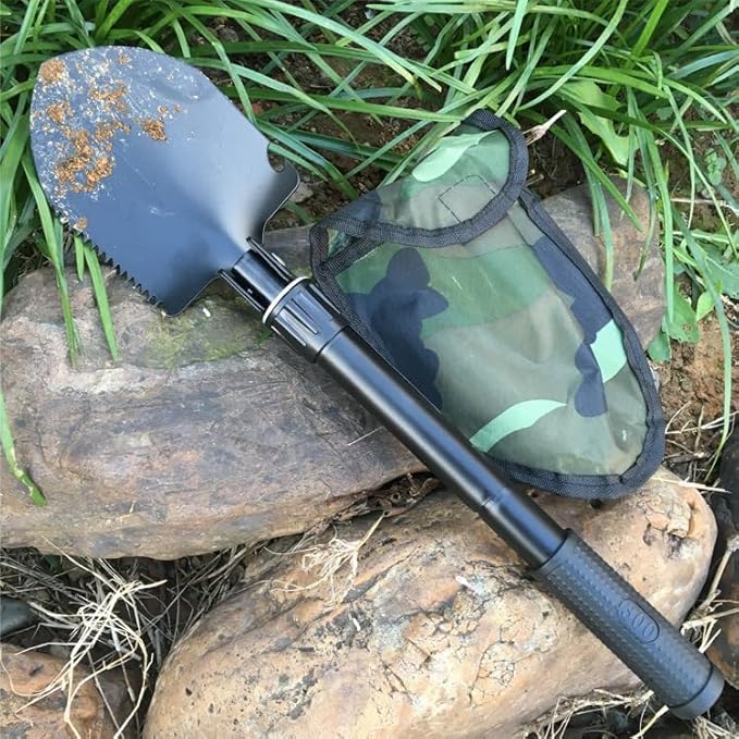 Finidel Folding Shovel, Lightweight with Compass, High Carbon Steel Camping Shovel Survival Shovel - Camping, Adventure, Garden, Emergency (Black) 3-in-1 Multifunction