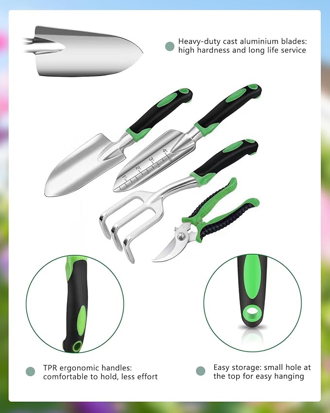 10Pcs Garden Tool Set, Heavy Duty Gardening Tools with Non-Slip Rubber Grip, Includes Shovel Trowel Fork Rake Gardening Gloves Organizer Handbag, Gifts for Women and Men