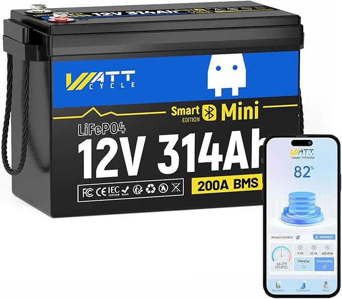Wattcycle 12V 314Ah LiFePO4 Mini Lithium Battery with Bluetooth 5.0, Built-in Metal Frame 200Ah BMS, 4.01kWh Energy, Upgraded Aluminum Cooling Fins, 12v 300ah + Lifepo4 Lithium Batterys