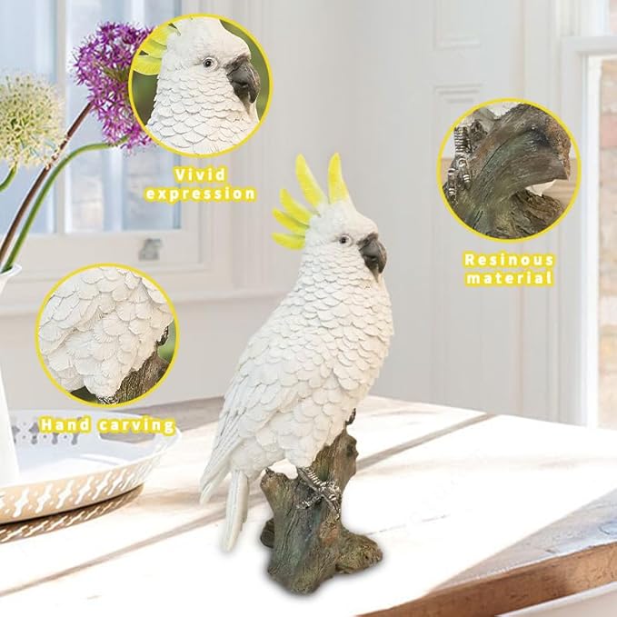 Decorative Parrot Garden Statue, Garden Decor Sculptures Statues Outdoor, Cockatoo Bird Tropical Indoor Desk Decor, Yellow White, 14.96 inches high