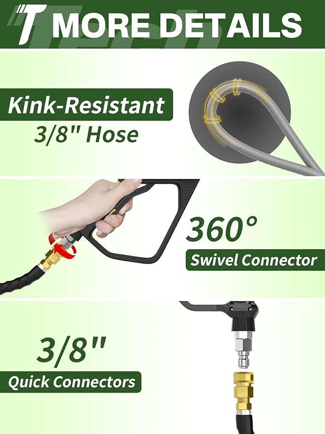 3/8" 4800PSI Pressure Washer Hose 150FT with Swivel Quick Connect for Cold/Hot Water Max 248°F, Kink Resistant Steel Wire Braided, Wear Resistant Power Washer Hose with M22 14mm Adapter