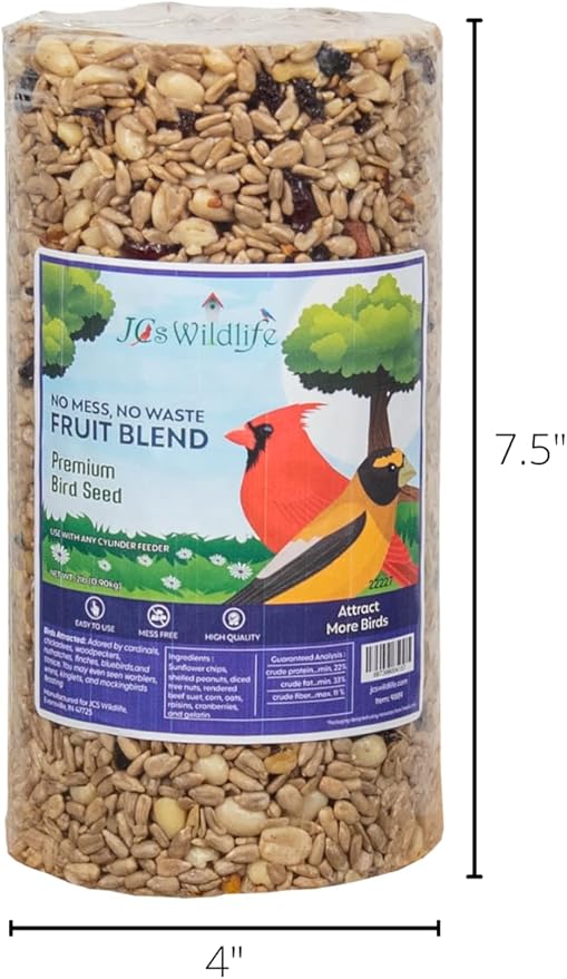 JCs Wildlife No Mess, No Waste Fruit Blend Premium Bird Seed Small Cylinder with Hole, 2 lb (1 Cylinder)