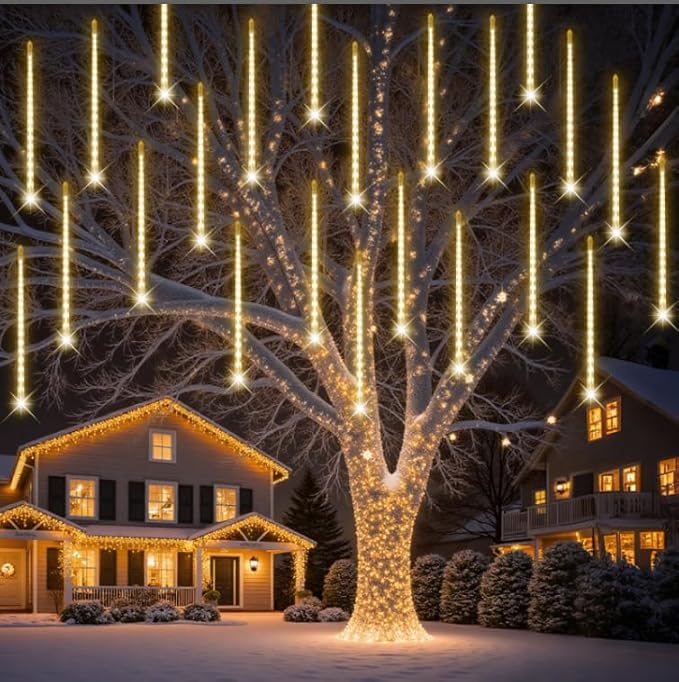 PEMOTech Christmas Lights Outdoor, [Timing Function] 24tubes 30cm 576 Led Meteor Shower Lights, Waterproof Christmas Decorations Icicle Light for ChristmasTrees Halloween Party, Ul Plug,Warm White