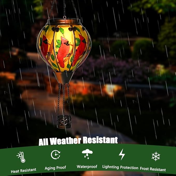 Hot Air Balloon Solar Lantern - Cardinal Bird Glass Lantern, Simulated Flickering & Dancing Flame, Outdoor Hanging Yard Light Waterproof IP65 for Patio Lawn Porch Decor Gift
