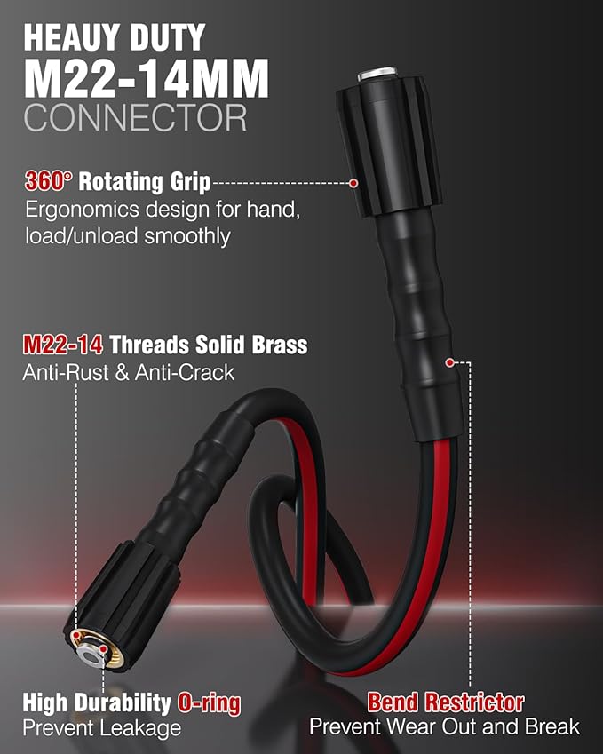Flexible Pressure Washer Hose 50 FT, 3600 PSI Kink Resistant Power Washer Hose Replacement, 1/4" electric Washer Hose Extension With M22 x 3/8" Quick Connector