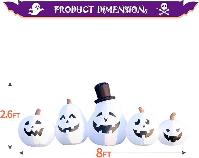 DomKom 8 FT Long Halloween Inflatable White Pumpkin Built in Colorful LED Lights, Holiday Blow up Yard Decoration for Halloween Party Outdoor, Garden Yard Lawn Decor