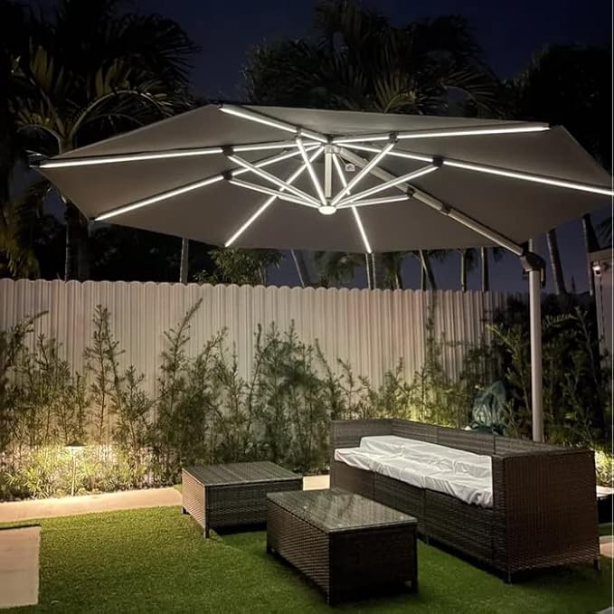 PURPLE LEAF 11ft Solar powered LED Patio Umbrella Outdoor Round Umbrellas Large Cantilever Umbrella with LED lights Windproof Offset Umbrellas Heavy Duty Sun Umbrella for Garden Deck Pool Patio, Grey