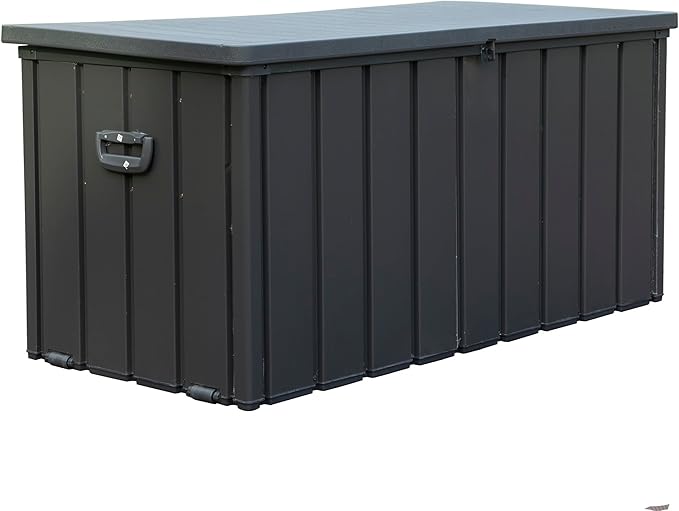 LANTRO JS Deck Box 100 Gallon, Patio Storage Cabinet, Waterproof Outdoor Storage, Resin Lid Metal Patio Storage Bin with Lockable, Dark Gray