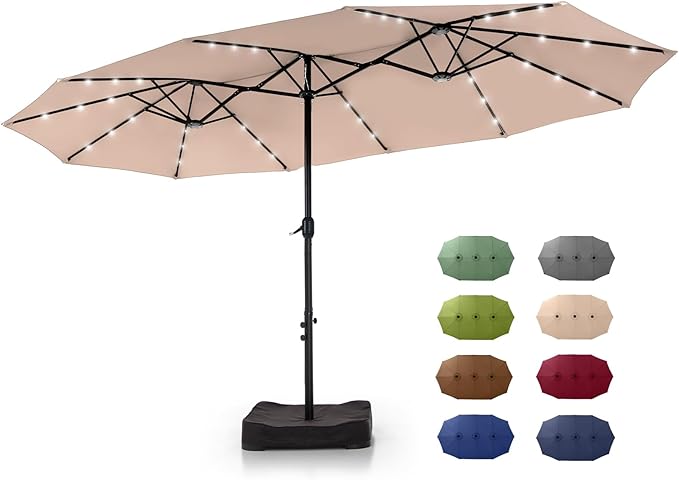 GREEN PARTY 15 ft Rectangle Patio Umbrella with Solar Lights and Base Included, Double-Sided Market Table Umbrella with Crank, Large Outdoor Umbrellas for Patio Poolside Garden Backyard, Beige