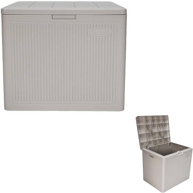 Suncast 22-Gal. Waterproof Resin Small Outdoor Patio Deck Box with Reeded Design, Modern Outdoor Patio Bench/Storage Box for Cushions, Garden Tools, and More, French Gray