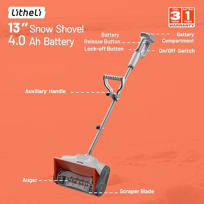 Litheli Electric Snow Shovel Cordless 20V, Brushless Lightweight Battery Powered Snow Blower with 4.0Ah Battery, Easy Snow Removal Tool for Driveways, Sidewalks, Patios and Decks