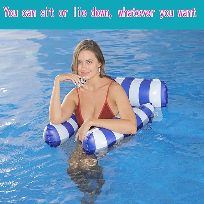 HJW 2-Pack Inflatable Pool Lounger Chair - Multi-Purpose Floating Hammock for Adults, Comfortable Pool Float Raft for Swimming Pool & Water Activities(Striped Dark Blue + Rose red)
