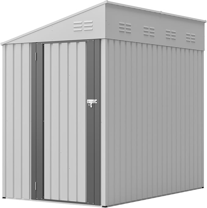 4x8 FT Outdoor Storage Shed,Lean to Lockable Metal Garden Shed Steel with Reinforced Beams,All Weather Waterproof Storage House W/Lockable Door&2 Air Vents,for Backyard,Patio,Lawn,Garden,White