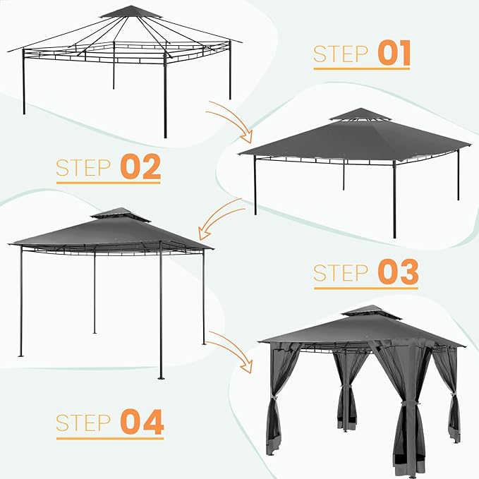COBIZI Gazebo 10x10 Heavy Duty Gazebos with Improved Nettings Outdoor Gazebo Double Roof Patio Gazebos with Metal Steel Frame Outdoor Canopy for Patio, Deck, Backyard(Black)