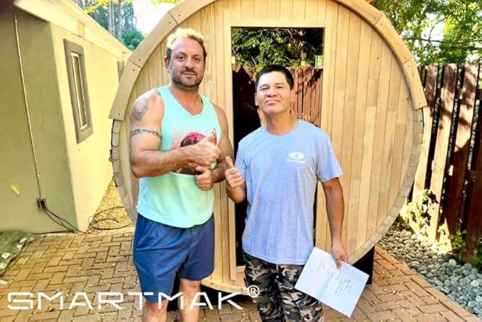 Smartmak Customized Outdoor Barrel Steam Sauna, 2-10 Person Canadian Hemlock/Red Cedar Traditional Wood Sauna Room with 220V ETL-Certified Heater, Backrest Headrest, Rocks, Light Accessories Included