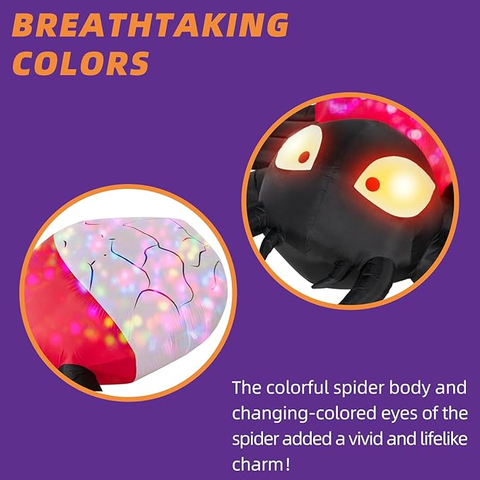 12FT Halloween Inflatable Scary Giant Spider Decorations Outdoor,Halloween Blow Up Yard Decorations Built-in 8 Rotating LED Lights,Party Decorations,Haunted House Decor,for Garden,Lawn.
