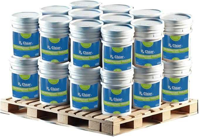 Rx Clear 1" Inch Chlorine Tabs | 1200 Pounds | Use Tablets as Bactericide, Algaecide, & Disinfectant in Swimming Pools | Stabilized, Long Lasting, Slow Dissolving, & UV Protected (24 x 50 LB Buckets)