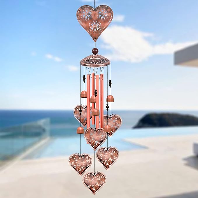 Heart Shape Wind Chimes for Garden, Gifts for Mom, Home, Balconies, Rooms, Patio, Indoor, Outdoor Heart Decoration, Hearts Shape Wind Catcher, Red Copper Memorial Wind Bells, Hearts Wind Chimes Decor