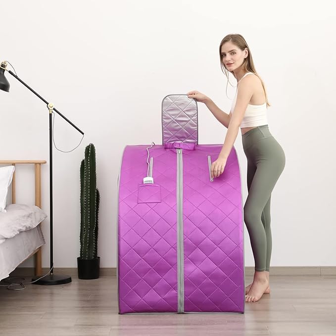 Smartmak Far Infrared Sauna, One Person at Home Portable Full Body SPA Tent with Heating Foot Pad and Portable Chair - Purple